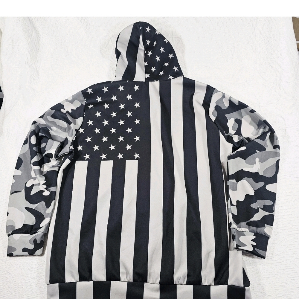 Camo American Flag Patriotic Hoodie Pocket USA Gray Black 4th Of July Mens L/XL - Picture 4 of 7